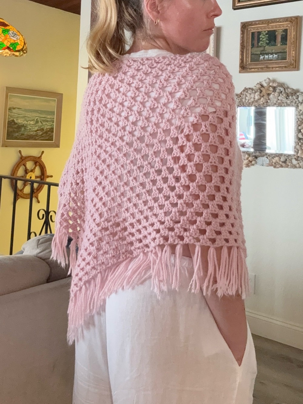 Handcrafted Pink Crochet Fringe Poncho
